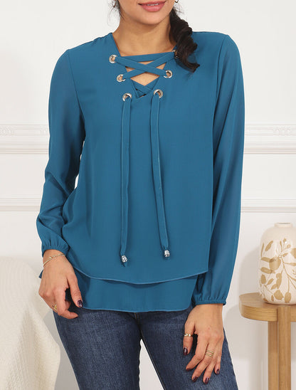 Blouse unie avec lacets - Bleu canard - 4