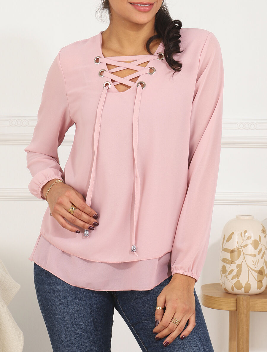 Blouse unie avec lacets - Rose - 4