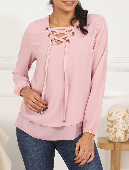 Blouse unie avec lacets - Rose - 4