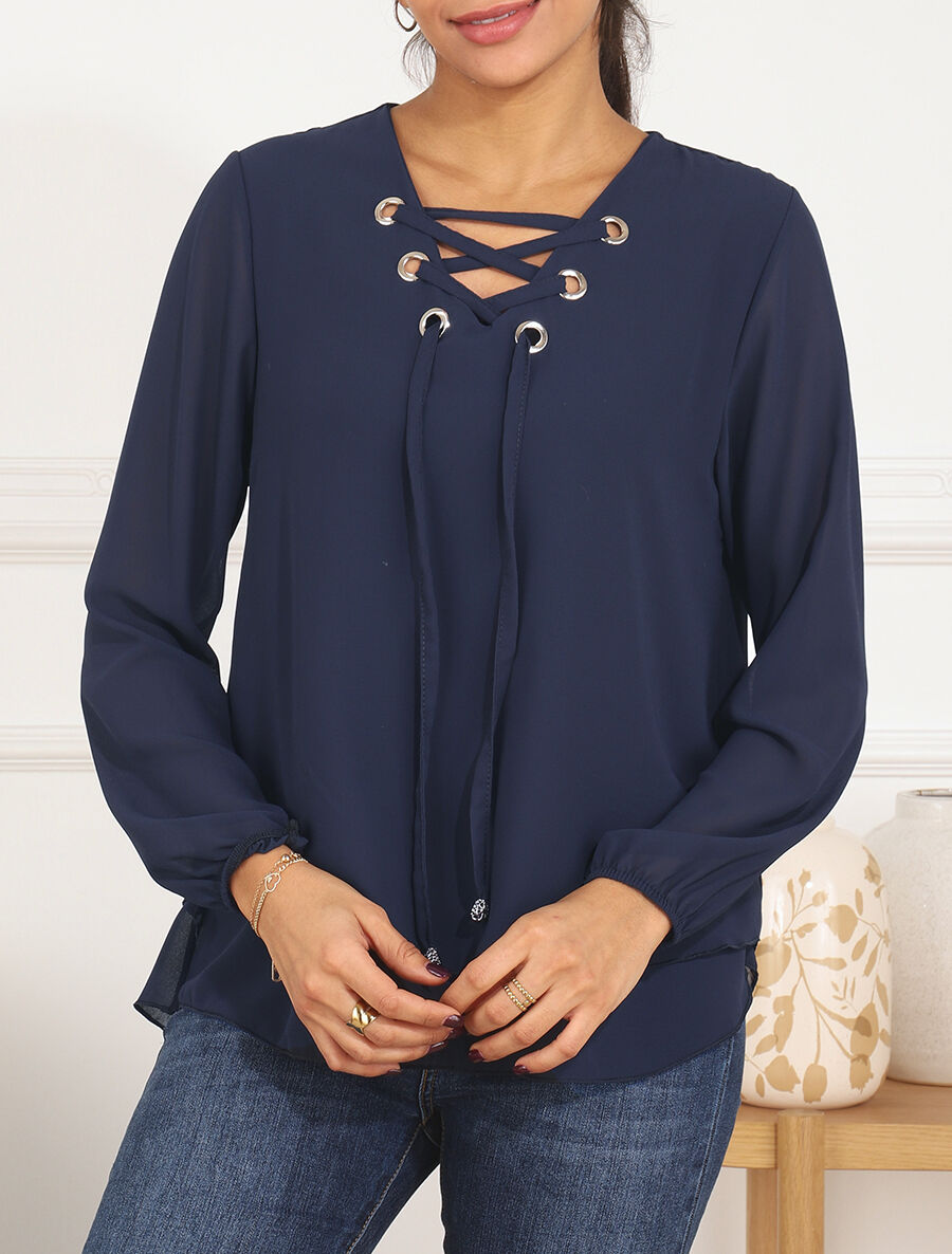 Blouse unie avec lacets - Marine - 4