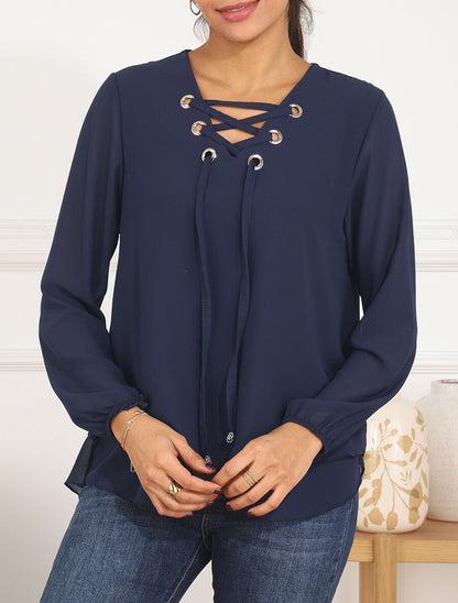 Blouse unie avec lacets - Marine - 4