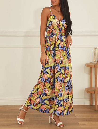 Robe longue imprimé fleuri à taille élastiquée - Noir - 4