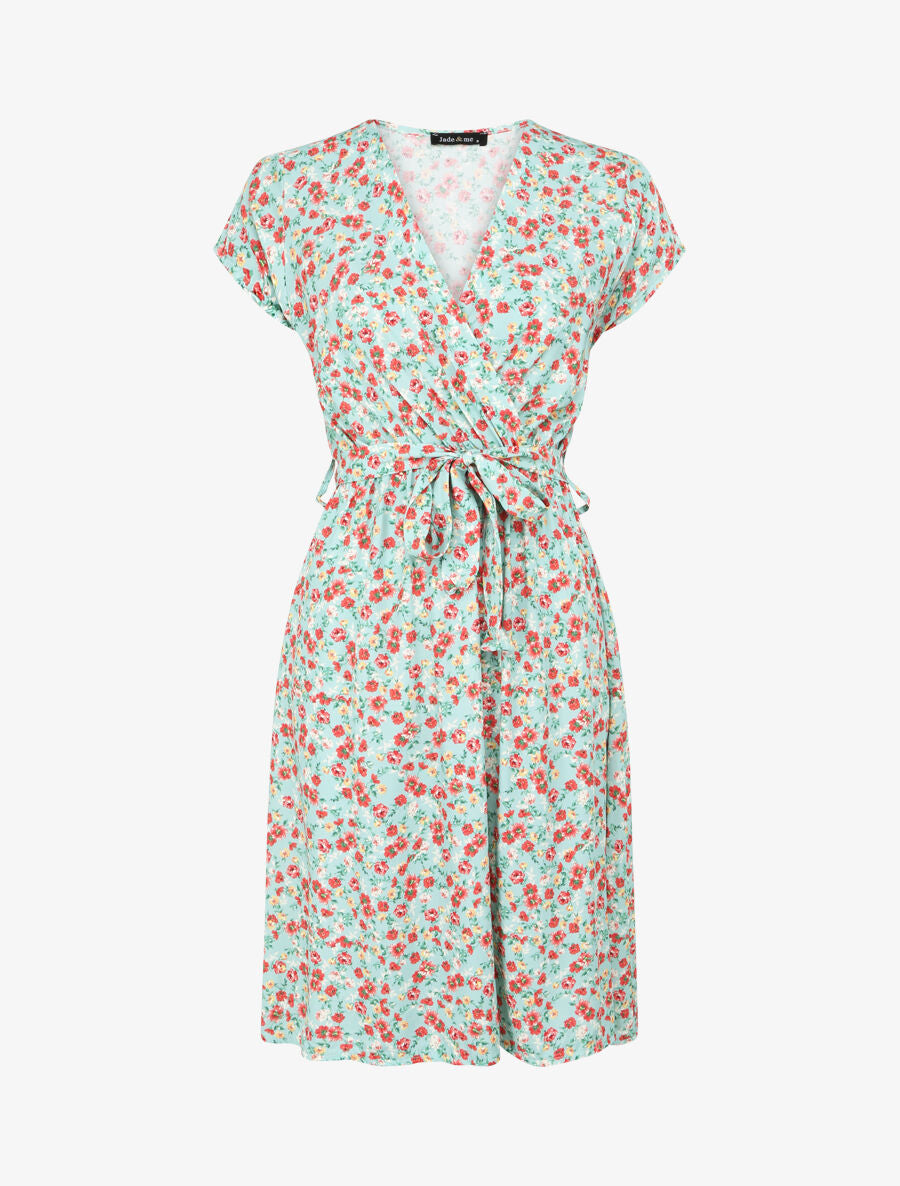 Robe fleurie à col cache-coeur - Bleu ciel - 4