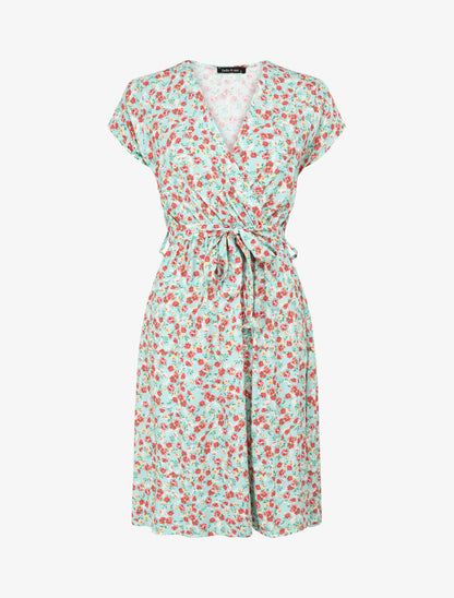 Robe fleurie à col cache-coeur - Bleu ciel - 4