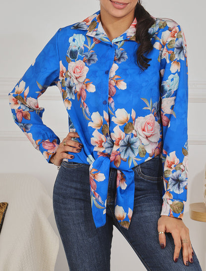 Blouse à nouer imprimé fleuri - Bleu roi - 4