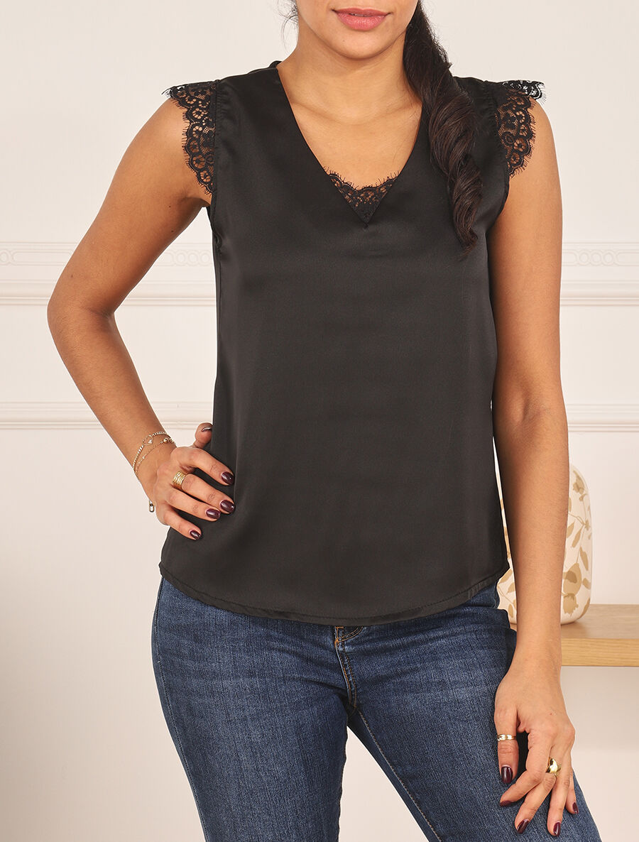 Top à col V en dentelle - Noir - 4