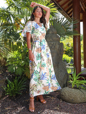 Robe longue imprimé fleuri à manches courtes - Beige - 1