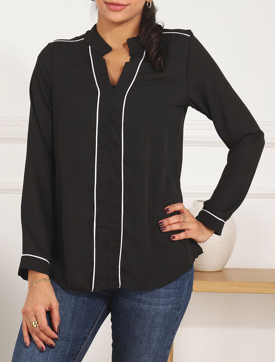 Blouse en voile à col V - Noir - 4