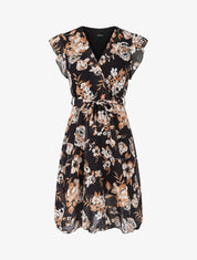 Robe à imprimé fleuri et manches courtes volantées - Noir - 1