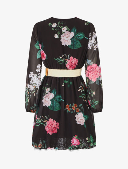 Robe mi-longue imprimé fleurs à taille élastiquée - Noir - 2