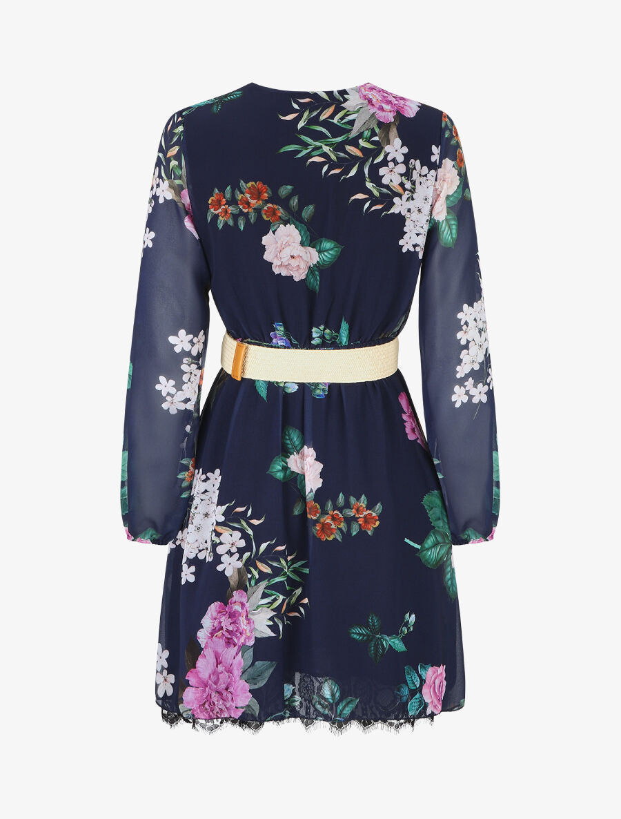 Robe mi-longue imprimé fleurs à taille élastiquée - Marine - 2