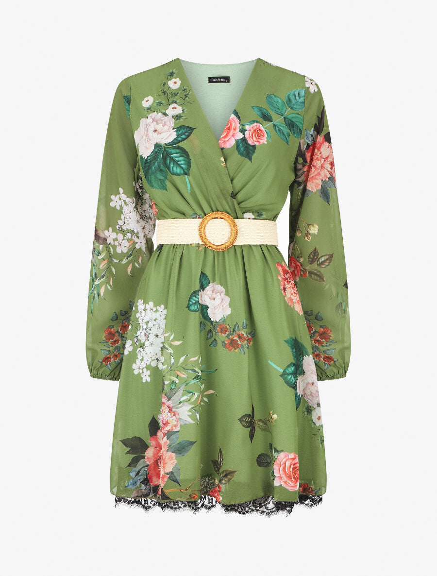 Robe mi-longue imprimé fleurs à taille élastiquée - Vert anis - 5
