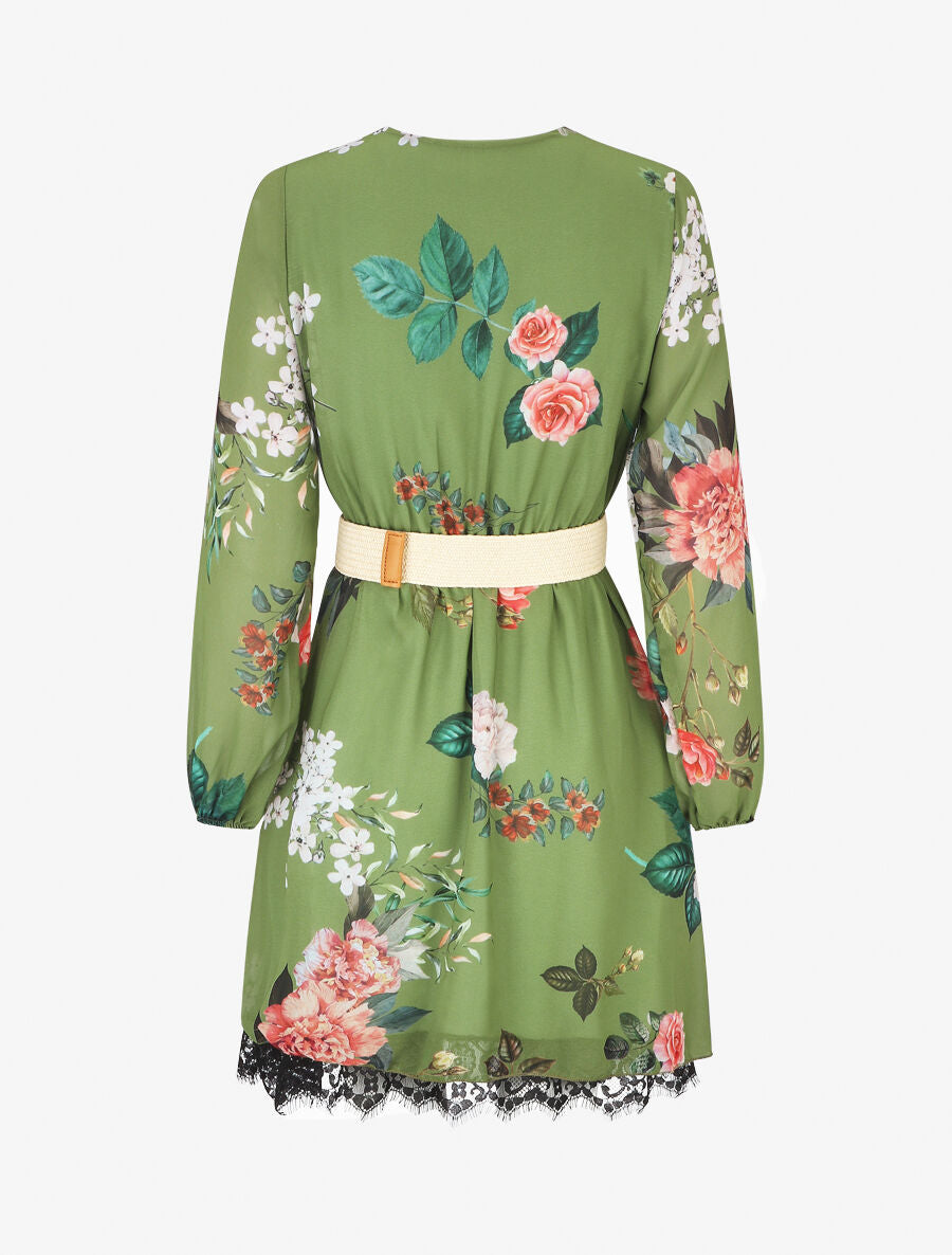 Robe mi-longue imprimé fleurs à taille élastiquée - Vert anis - 2