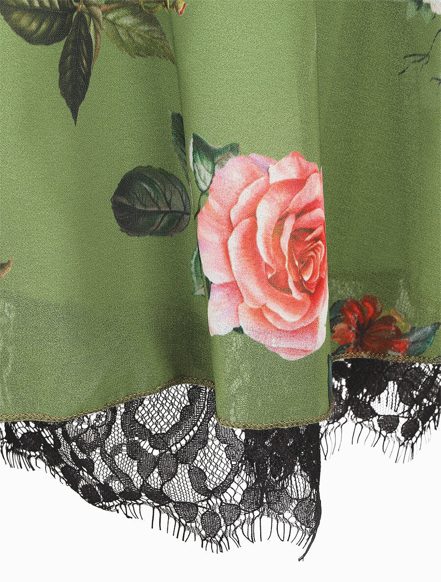 Robe mi-longue imprimé fleurs à taille élastiquée - Vert anis - 3