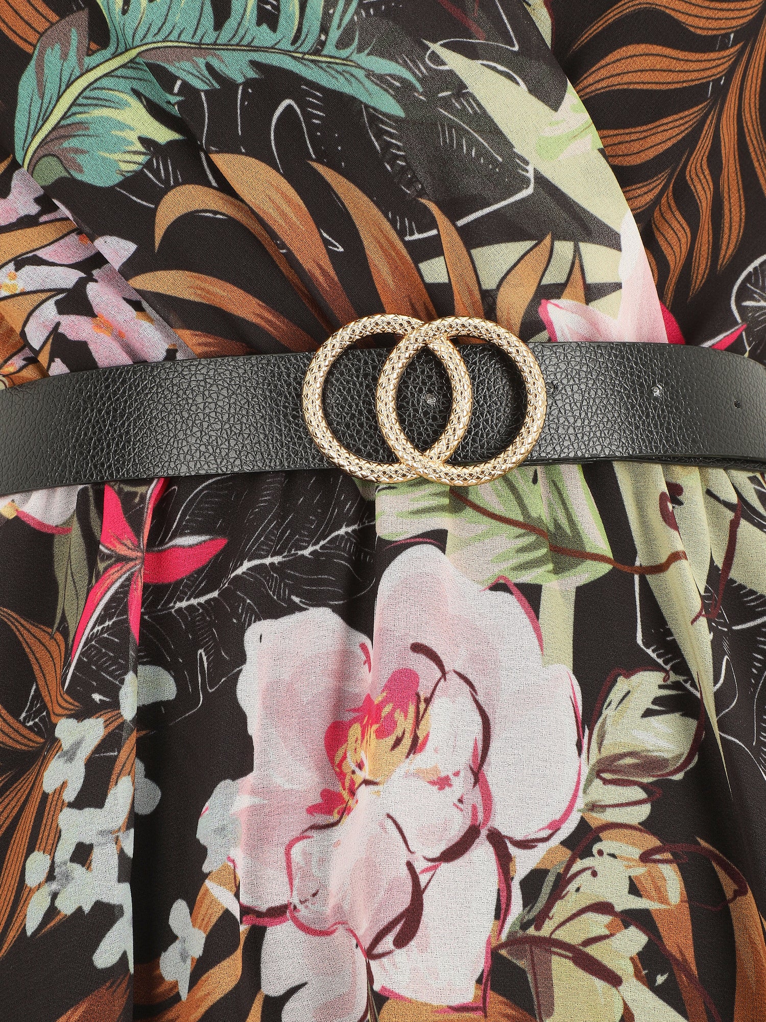 Robe évasée manches courtes imprimé fleurs tropicales - Noir - 3