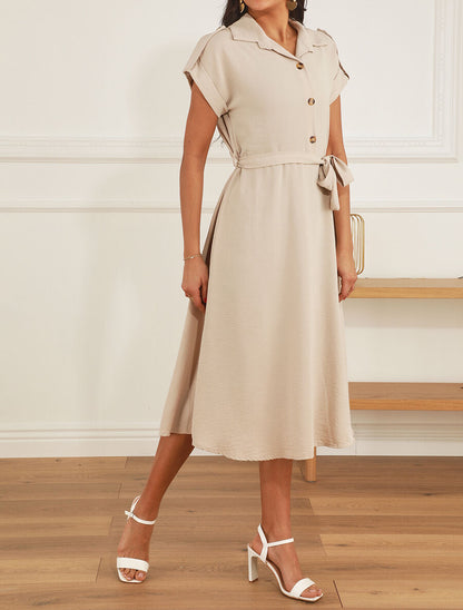 Robe longue fluide à manches courtes - Beige - 3