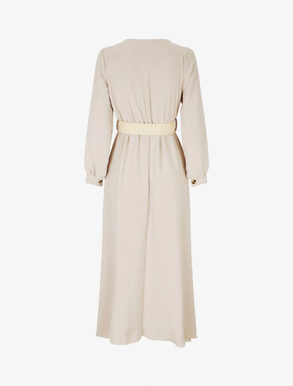Robe longue évasée unie à manches longues - Beige - 2