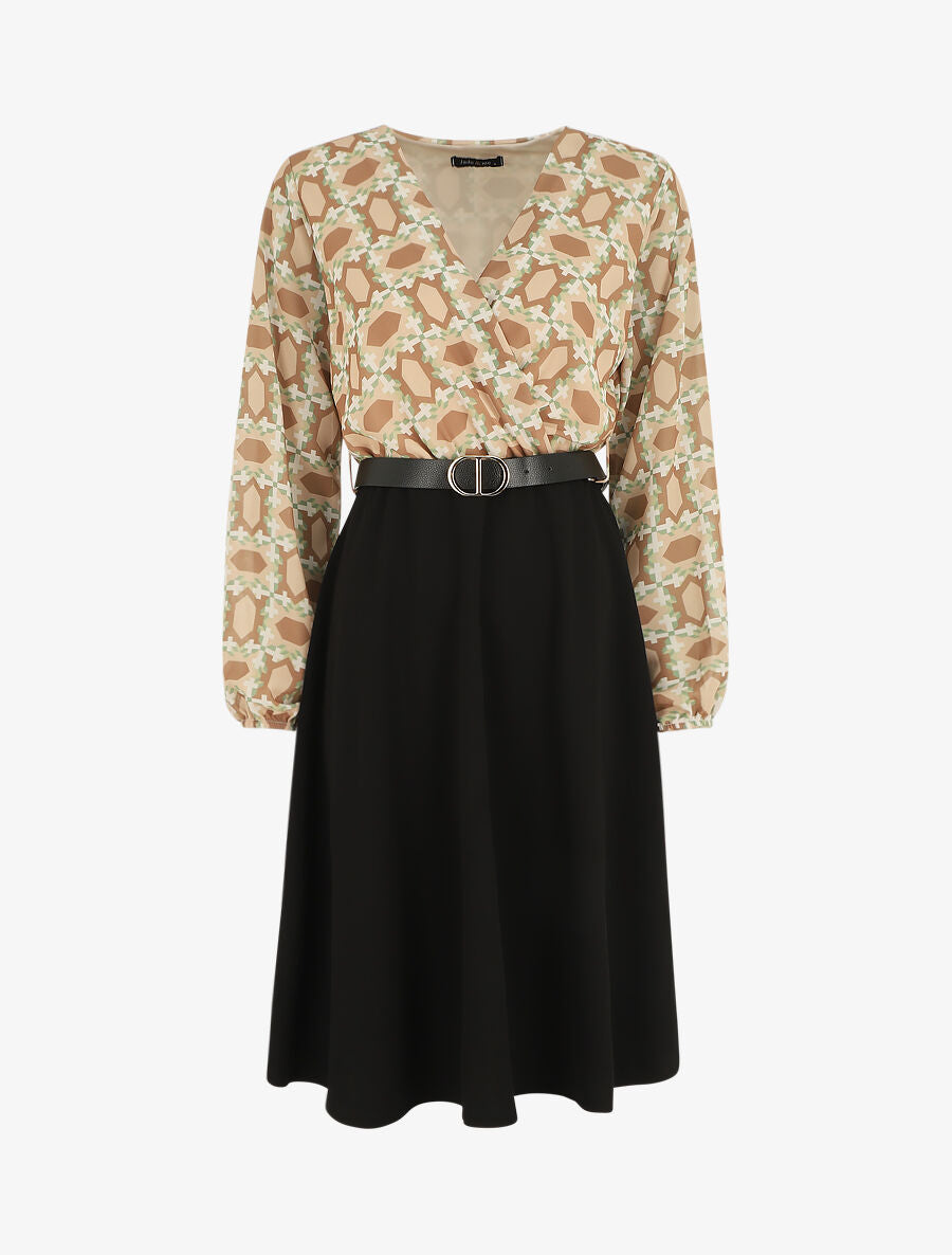 Robe bi-matière imprimé graphique - Camel - 5