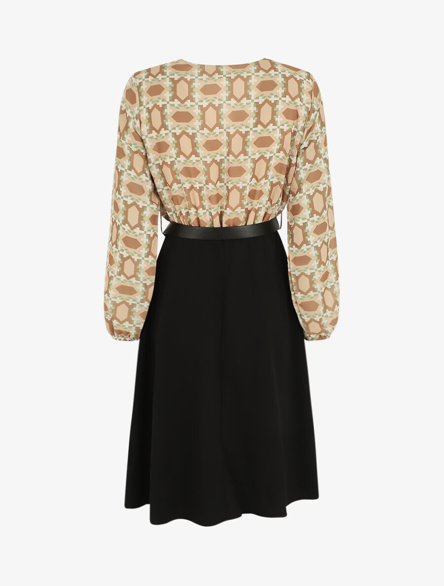 Robe bi-matière imprimé graphique - Camel - 2