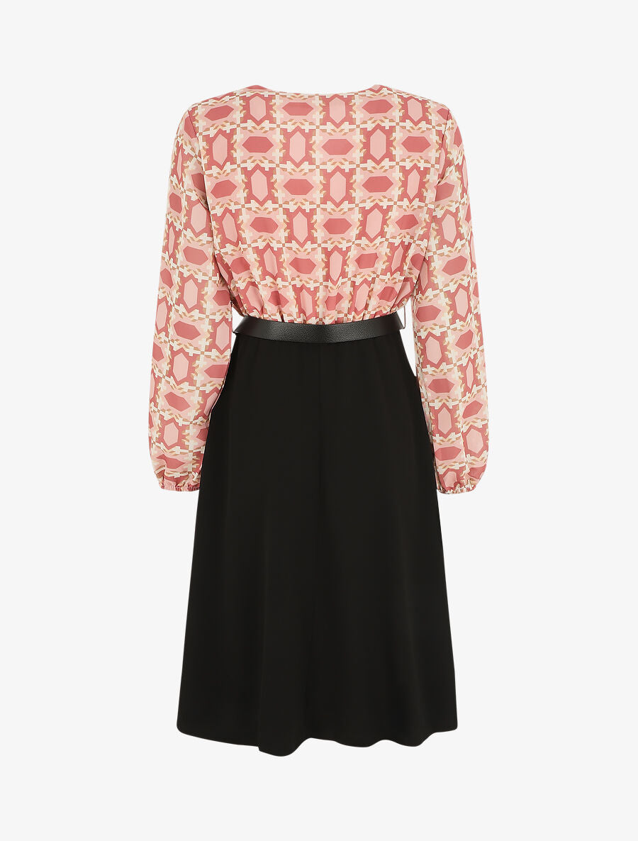 Robe bi-matière imprimé graphique - Vieux rose - 2
