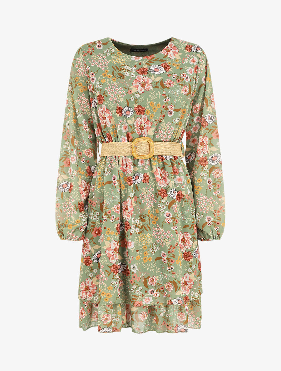 Robe imprimé fleuri à taille élastiquée - Kaki - 1