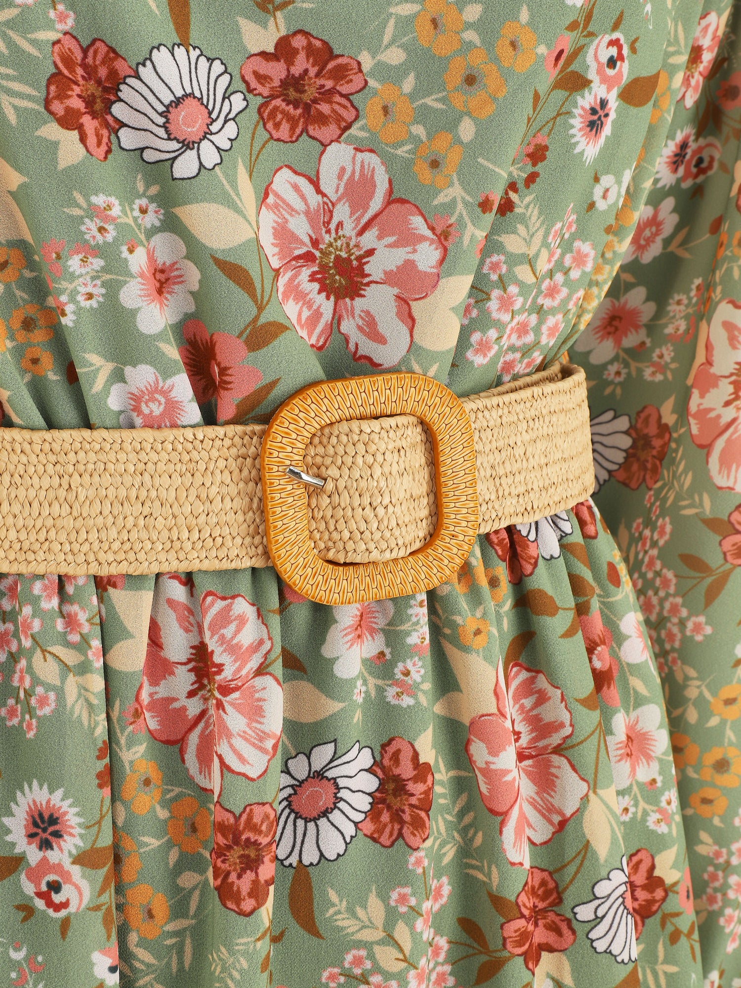 Robe imprimé fleuri à taille élastiquée - Kaki - 3