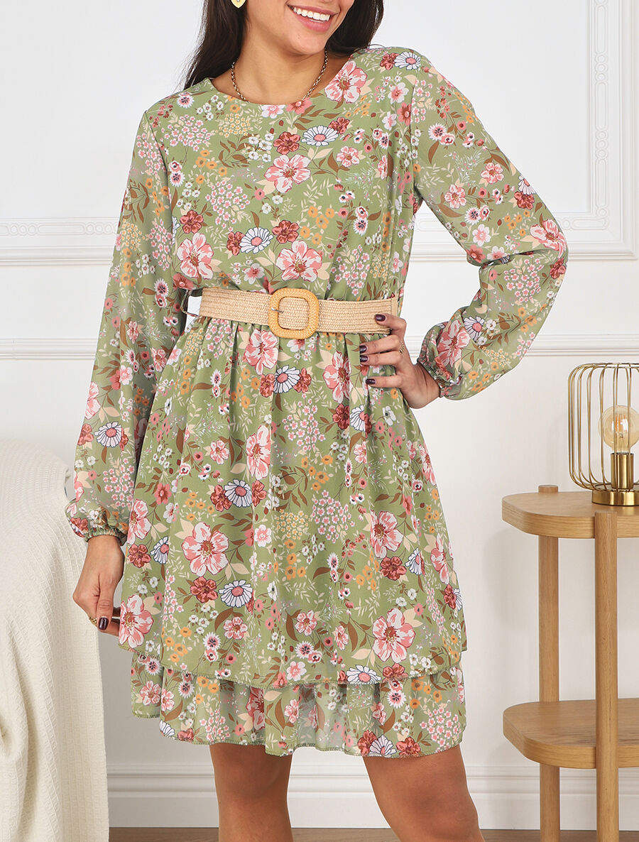 Robe imprimé fleuri à taille élastiquée - Kaki - 4