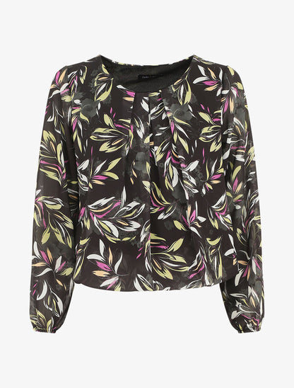 Blouse en voile coupe boule imprimé feuilles - Noir - 5
