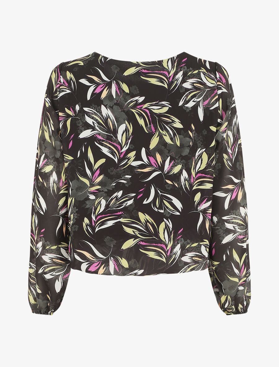 Blouse en voile coupe boule imprimé feuilles - Noir - 2