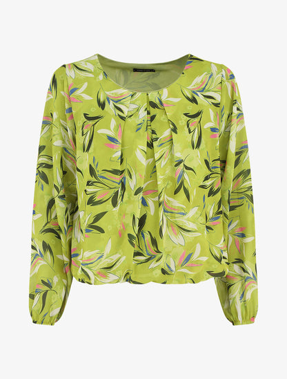 Blouse en voile coupe boule imprimé feuilles - Vert anis - 1