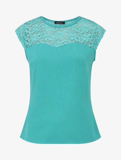 Top uni coupe droite épaules en dentelle - Turquoise - 5