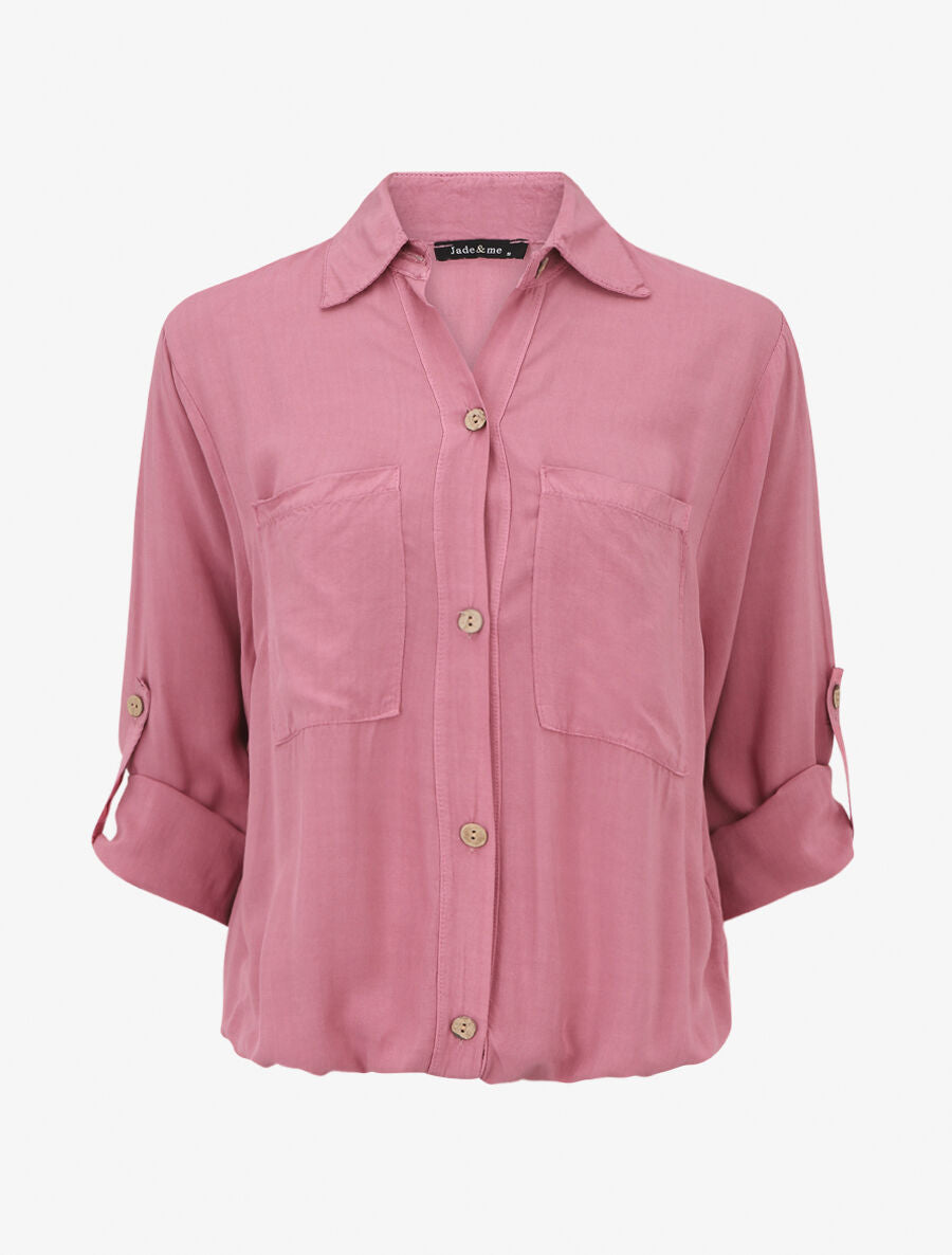 Chemise élastiquée unie manches longues - Vieux rose - 1