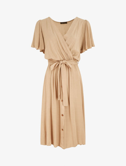 Robe mi-longue boutonnée à manches courtes - Beige - 1