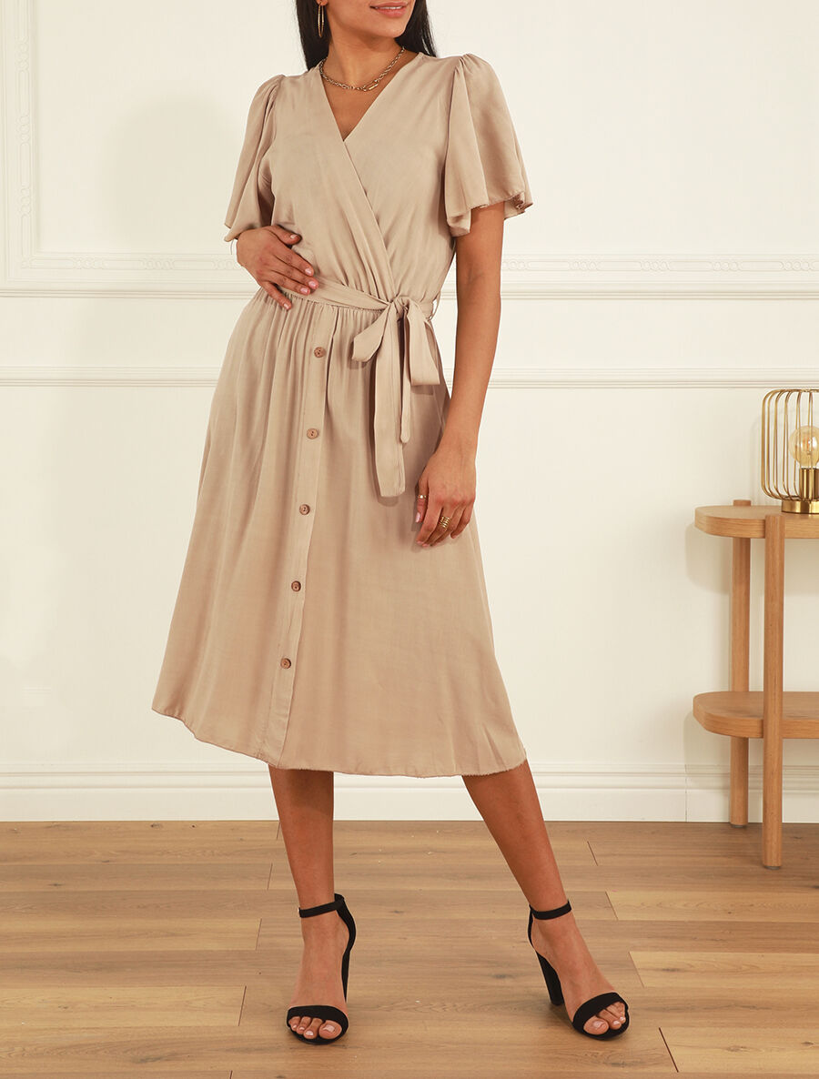 Robe mi-longue boutonnée à manches courtes - Beige - 4