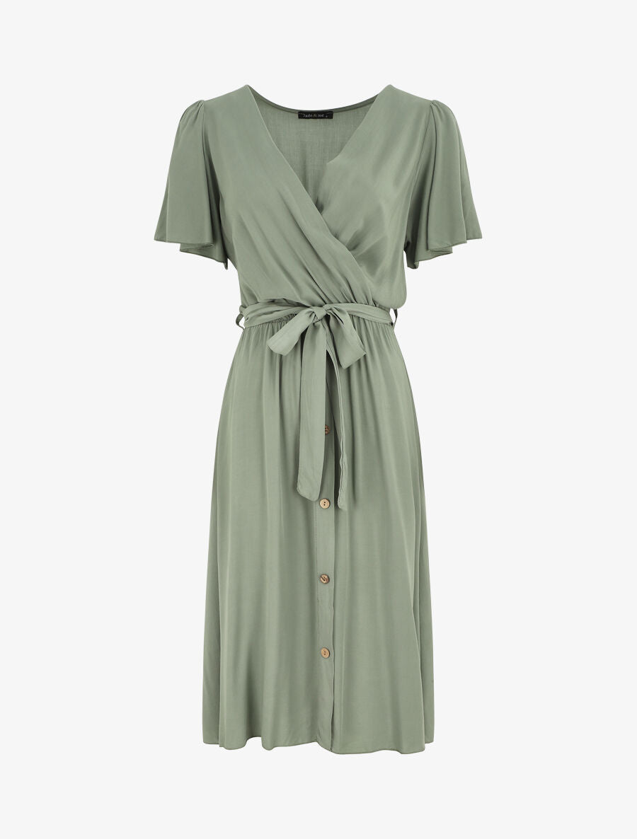 Robe mi-longue boutonnée à manches courtes - Vert olive - 1