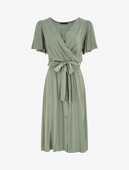 Robe mi-longue boutonnée à manches courtes - Vert olive - 1
