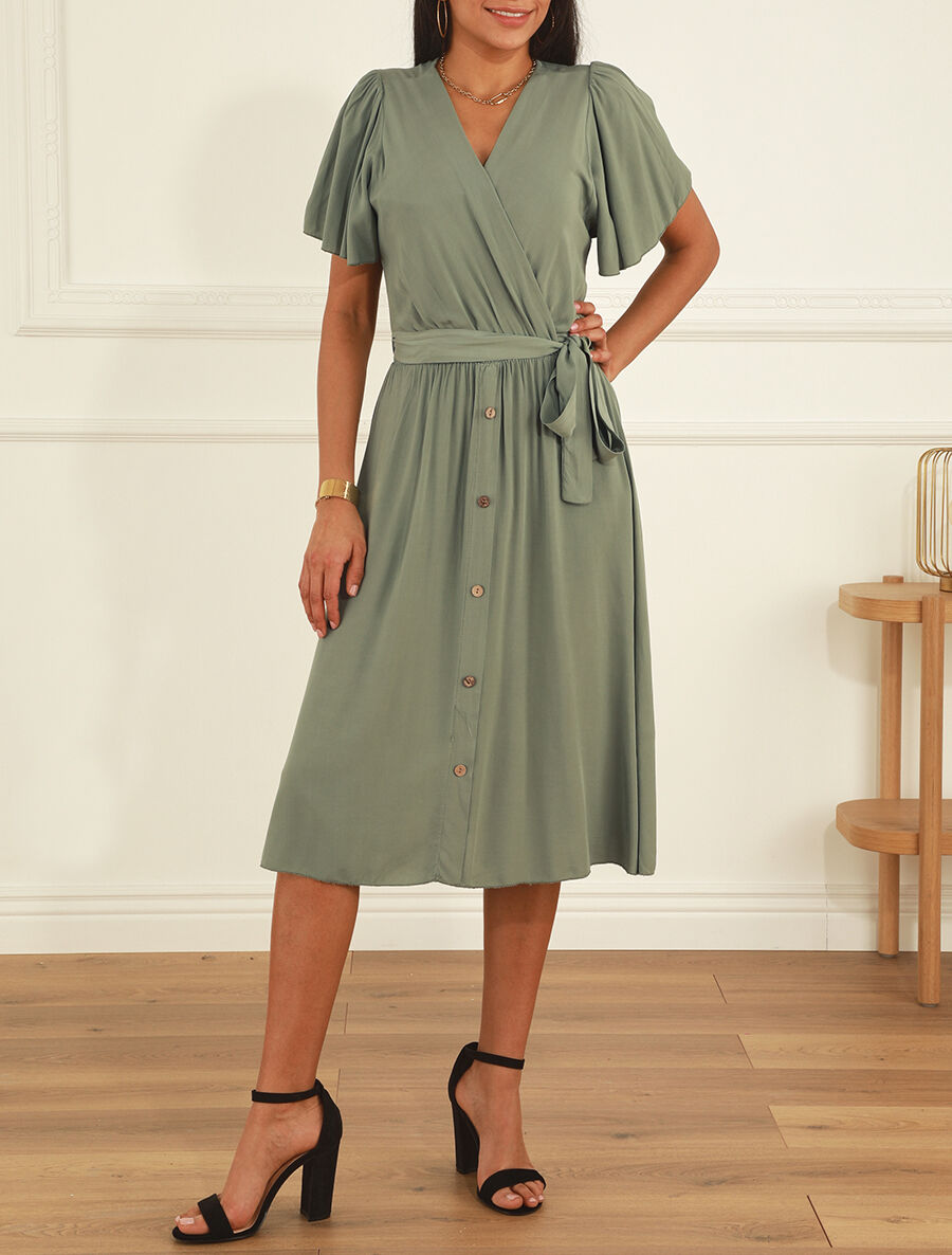 Robe mi-longue boutonnée à manches courtes - Vert olive - 4