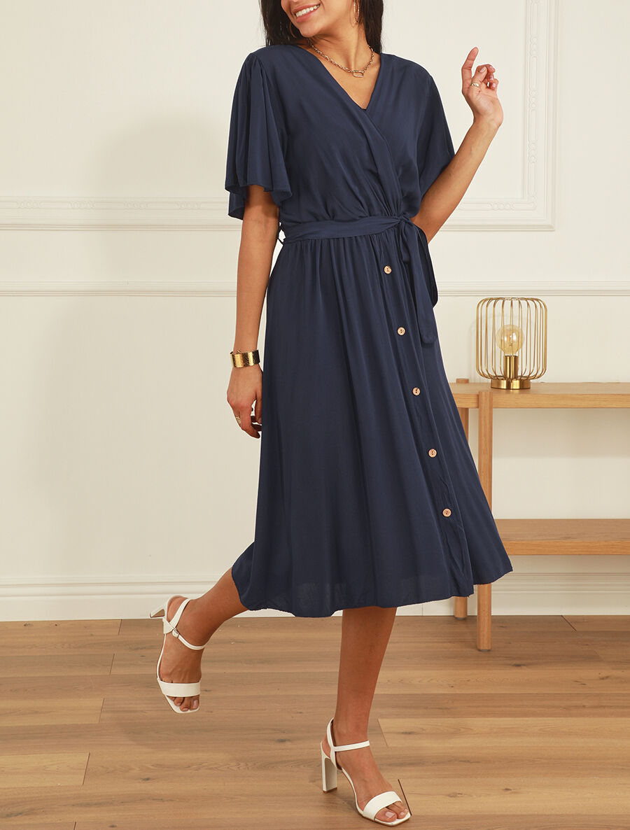 Robe mi-longue boutonnée à manches courtes - Marine - 4