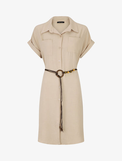 Robe chemise unie à manches courtes - Beige - 1