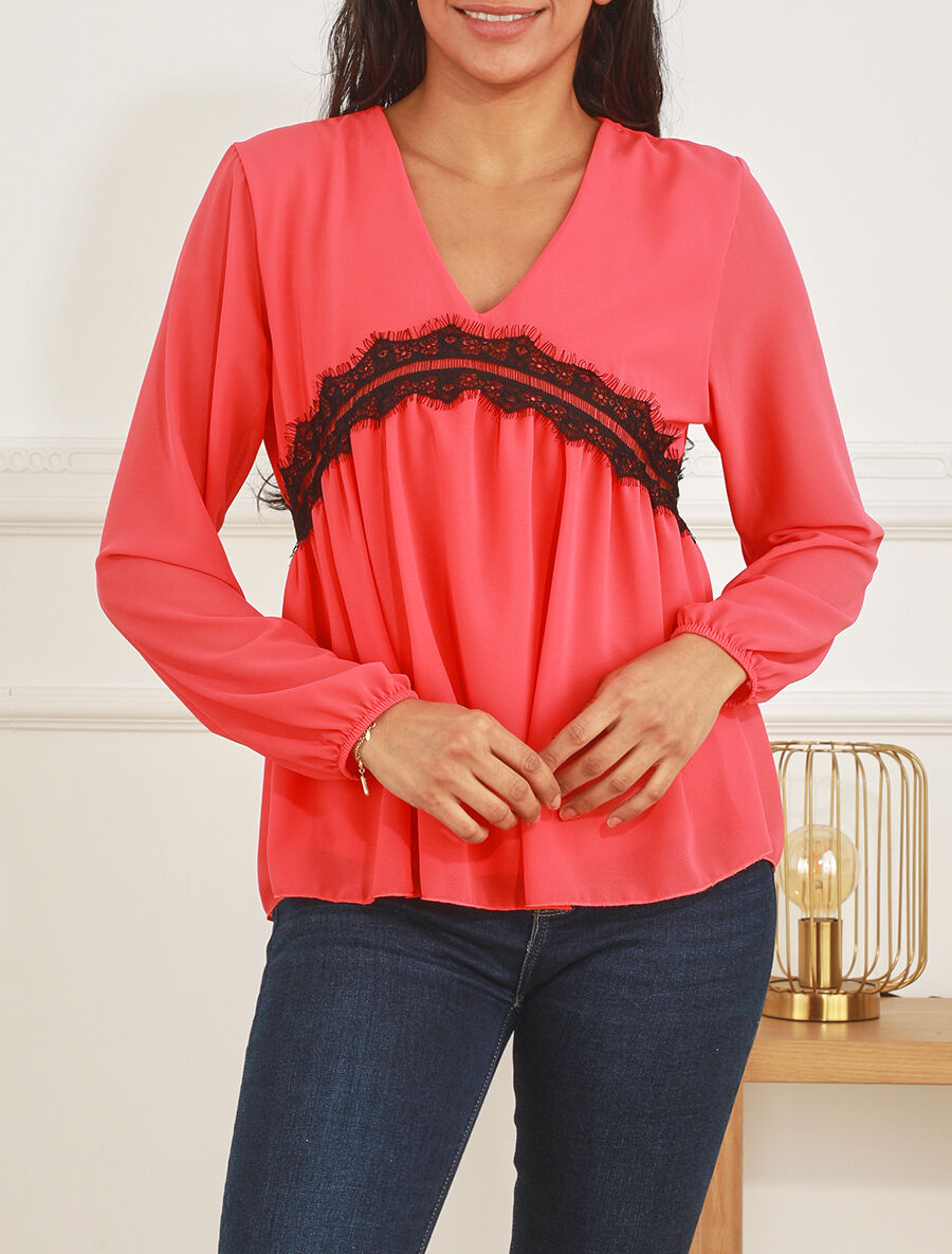 Blouse en voile et dentelle - Rose saumon - 4