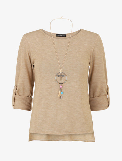 Pull fin uni à manches retrousssables - Camel - 1