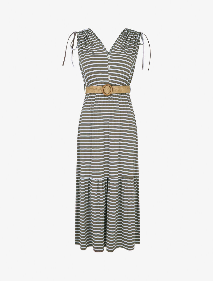 Robe imprimé rayures à taille élastiquée - Kaki - 1