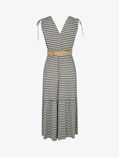 Robe imprimé rayures à taille élastiquée - Kaki - 2