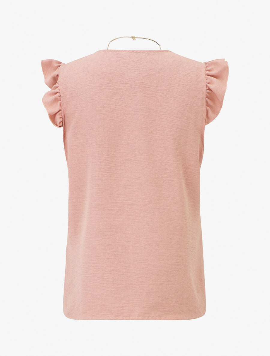 Top uni col V épaules volantées - Rose - 2