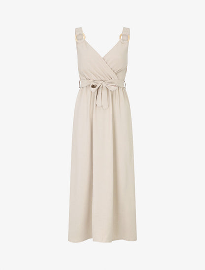 Robe longue élastiquée à bretelles avec anneaux - Beige - 1