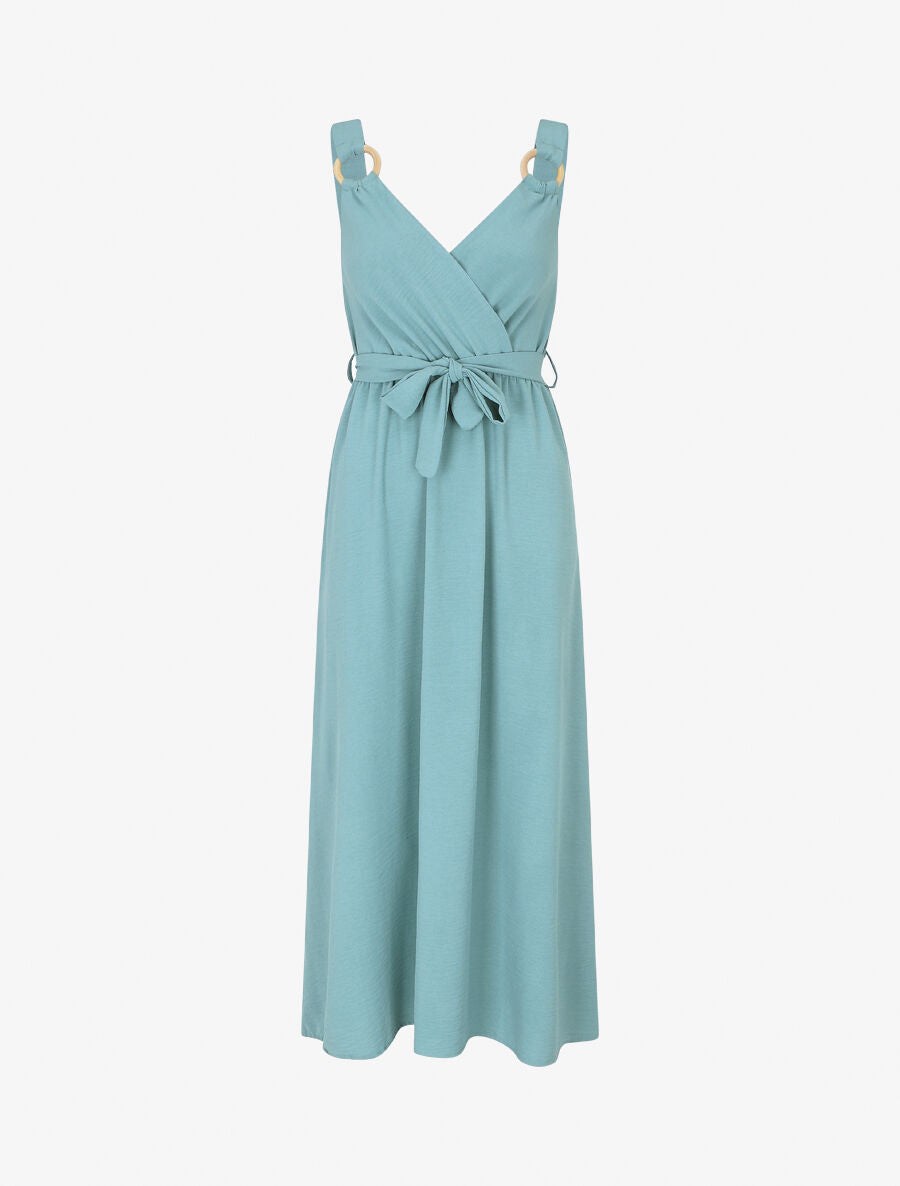 Robe longue élastiquée à bretelles avec anneaux - Turquoise - 1