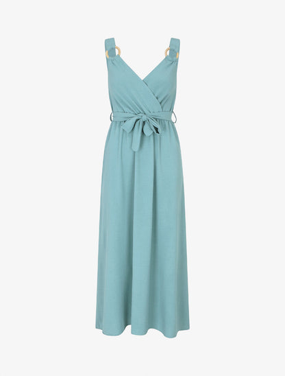Robe longue élastiquée à bretelles avec anneaux - Turquoise - 1