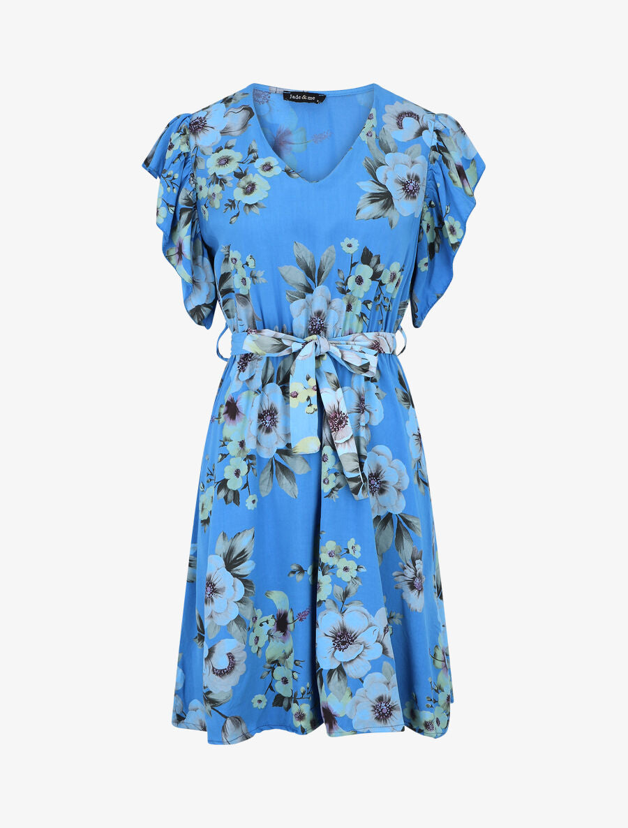 Robe mi-longue fleurie manches courtes volantées - Bleu - 5