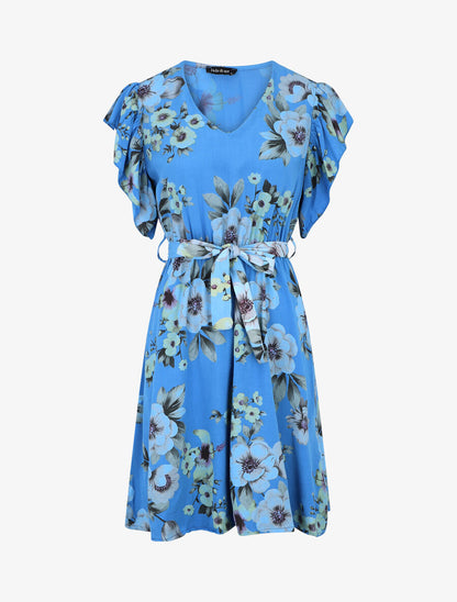 Robe mi-longue fleurie manches courtes volantées - Bleu - 5