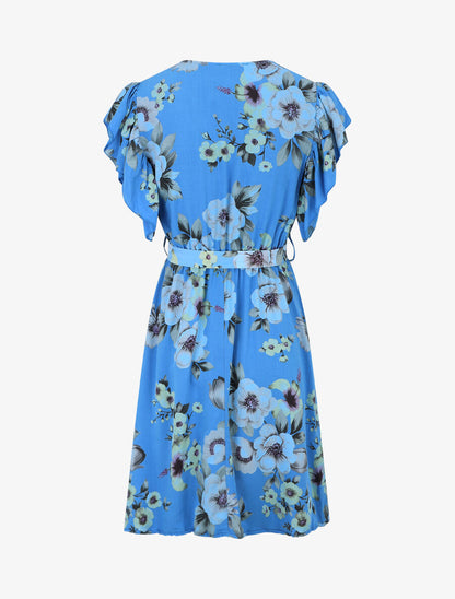 Robe mi-longue fleurie manches courtes volantées - Bleu - 2